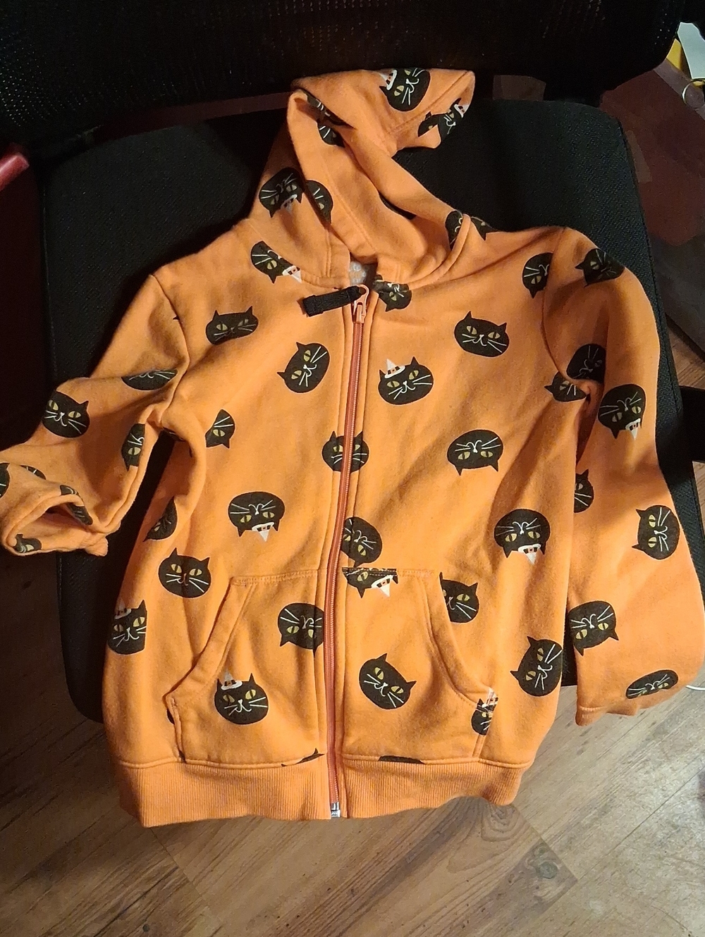 Cat & Jack Orange Zip-Up Hoodie with Black Cat Faces